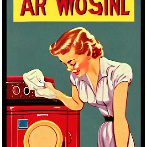 Image similar to a vintage poster of a 1 9 5 0's house wife washing money