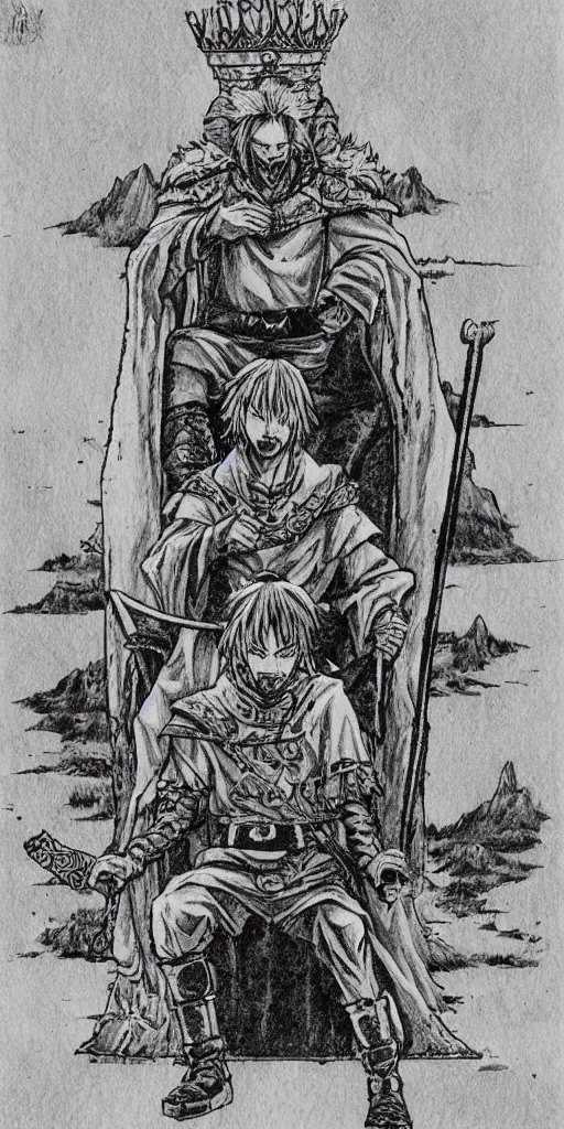 Image similar to a king on a throne drawn by Makoto Yukimura in the style of Vinland saga