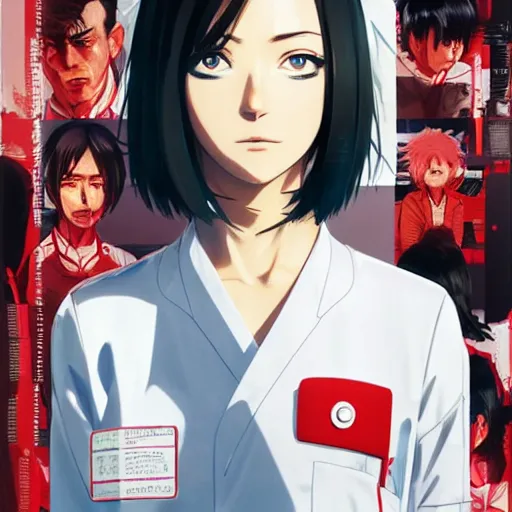 Image similar to manga girl in a white medical uniform with red details, fine - face, olivia wilde, realistic shaded perfect face, fine details. anime. realistic shaded lighting poster by ilya kuvshinov katsuhiro otomo ghost - in - the - shell, magali villeneuve, artgerm, jeremy lipkin and michael garmash and rob rey