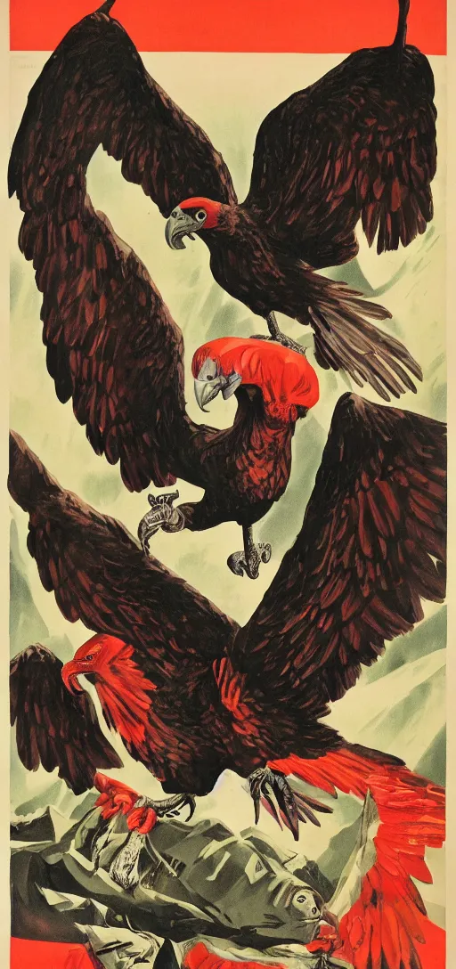 Prompt: mistery man in hood and red eyes with a dager, and a vulture, 1940s propaganda poster, full hd,highly detailed