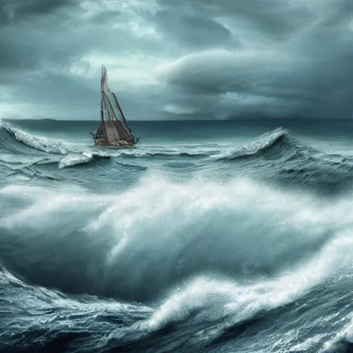 Prompt: A realistic detailled photo of a giant ancient boat on the ocean, water particules, light reflections, big waves, stormy landscape, fog, light particules, detailled light, realistic shaders, trending on artisation, detailed textures, detailed, realistic