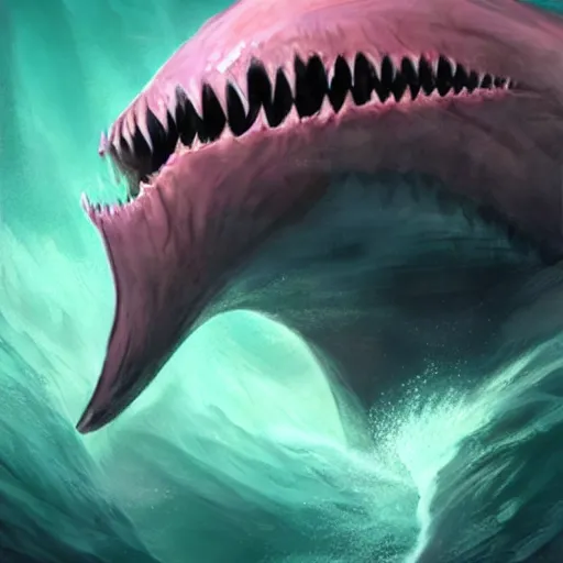 Prompt: d & d fantasy art, a huge human mouth with large flat teeth, large dorsal fins swimming through a dark ocean, pink skin, sinew, concept art, character art, horror