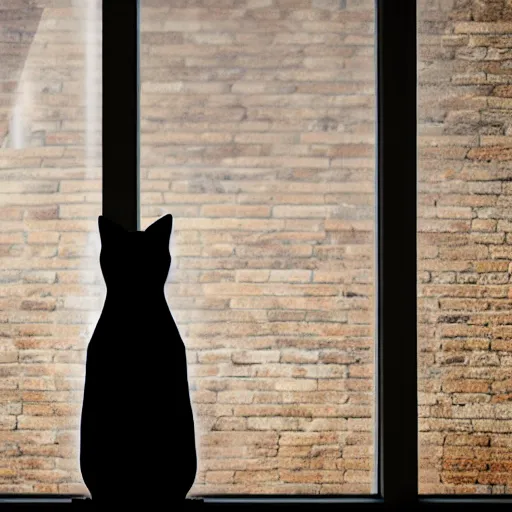 Image similar to an anthropomorphized cat in a business suit, looking out a window,