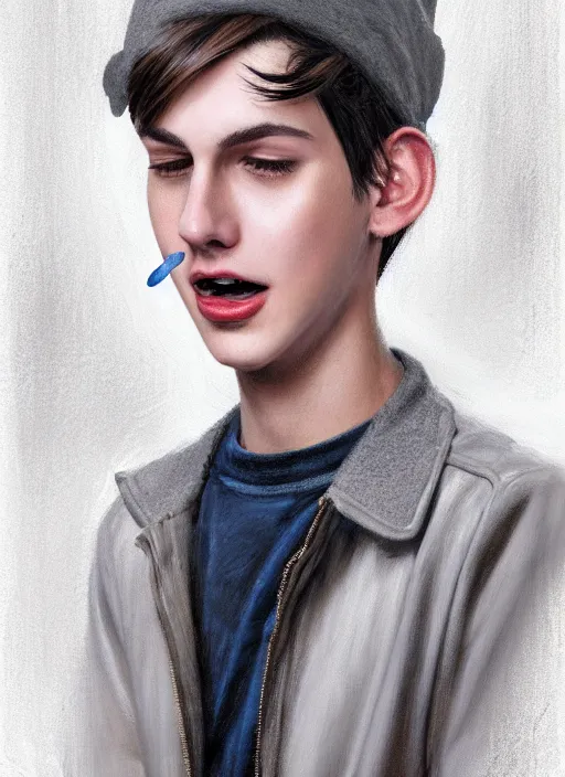 Image similar to portrait of teenage jughead jones wearing a light grey crown, crown, eating hamburger, eyes closed, crown, black hair, intricate, elegant, glowing lights, warm lighting, highly detailed, digital painting, artstation, concept art, smooth, sharp focus, illustration, art by wlop, mars ravelo and greg rutkowski