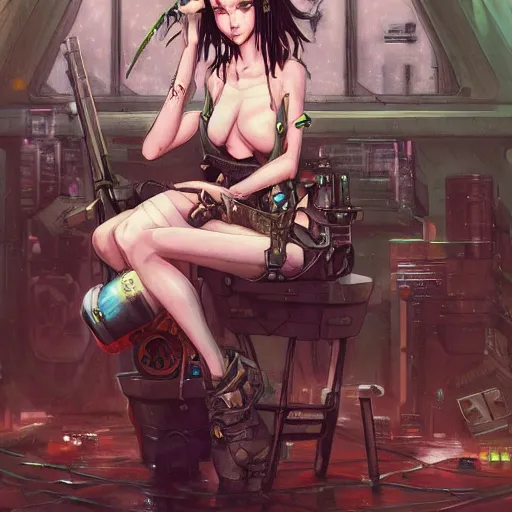 Image similar to a painting of a woman sitting on a stool, cyberpunk art by masamune shirow, pixiv contest winner, fantasy art, steampunk, enchanting, detailed painting, storybook illustration