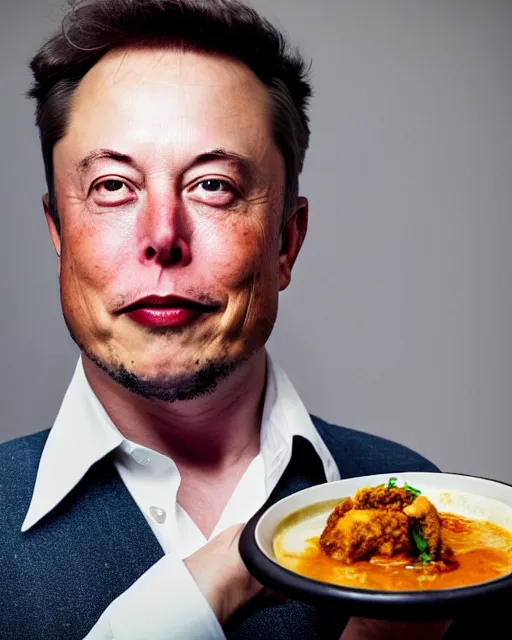 Prompt: a portrait of elon musk with a plate containing idli and sambar in front of him, highly detailed, trending on artstation, bokeh, 9 0 mm, f / 1. 4