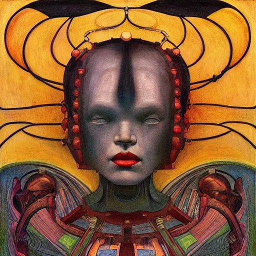 Image similar to robot queen with human eyes, by annie swynnerton and diego rivera and lucien freud and jean delville, symbolist, dramatic lighting, elaborate geometric ornament, art brut, soft pastel colors, smooth, sharp focus, extremely detailed, adolf wolfli, leo and diane dillon, nicholas roerich, donato giancola