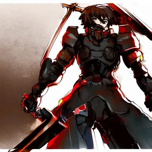 Image similar to An anime teen holding a sword filled with energy, wearing armor, drawn by Yoji Shinkawa, highly detailed, trending on art station, sci-fi themed, dynamic posing