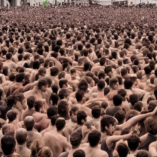 Image similar to hundreds of humans. A sea of humans. interconnected flesh. Crowdcrush. Many humans intertwined and woven together. Bodies and forms amesh.