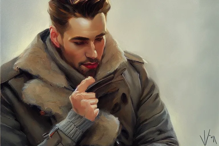 Image similar to attractive man chatting, winter, night, painting by vladimir volegov, j. c. leyendecker, tom of finland, trending on artstation