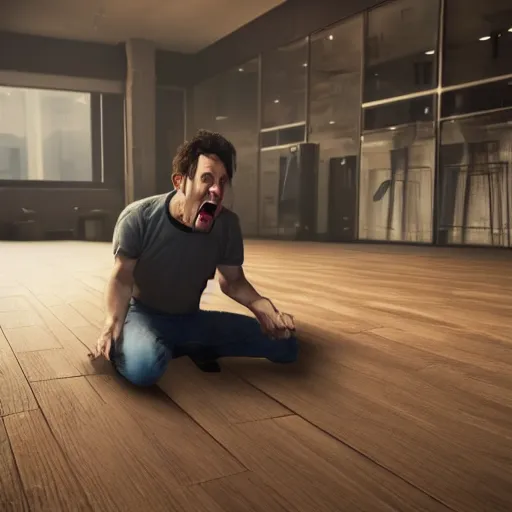 Image similar to incredible cinematic image of young angry man making a tantrum in the floor, studio shot, dynamic lighting, high definition, highly detailed, photo-realistic, unreal engine render, 16k