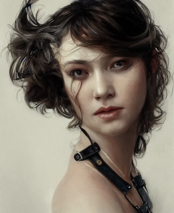 Image similar to a highly detailed portrait, intricate leather suspenders, wet silk, honey birdette, realistic portrait, deep focus, matte, digital painting, artstation, concept art, smooth, sharp focus, cinematic lighting, art by artgerm and greg rutkowski and alphonse mucha, araki nobuyoshi, anders petersen