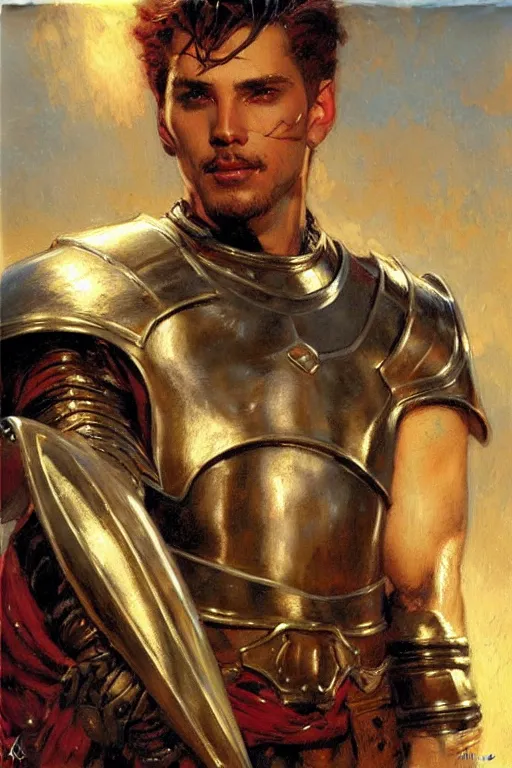 Prompt: attractive male with armor, character design, painting by gaston bussiere, craig mullins, j. c. leyendecker, tom of finland