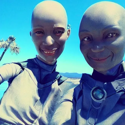 Image similar to “ our humanoid descendants in the year 2 2 0 0 taking a selfie on their sci - fi planet, award - winning details ”