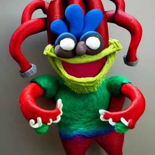 Prompt: a goofy silly hilarious character a goofy muscle-flexing character laughing wildly simple character that is also made of frosting and decorations, sprinkles, sweaters, macrame, felting, fabrics, buttons and pipe cleaner wide angle uncropped