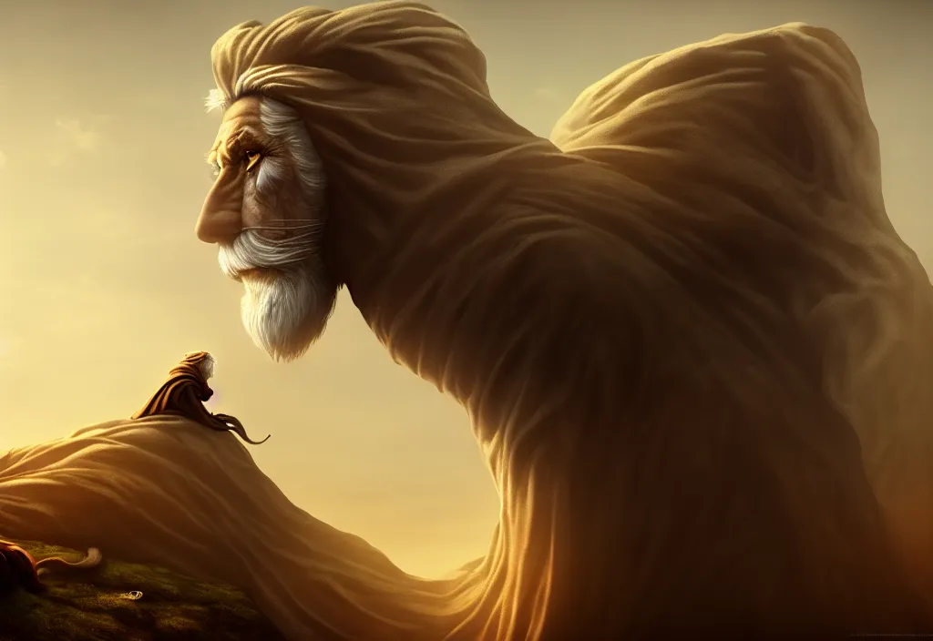 Prompt: a hooded wise lonely old man with a long white beard wearing a brown hooded tunic, the man riding is on the lion, the wise man is riding on top, he is all alone, majestic, epic digital art, cinematic, trending on artstation, superb detail 8 k, wide angle shot, masterpiece