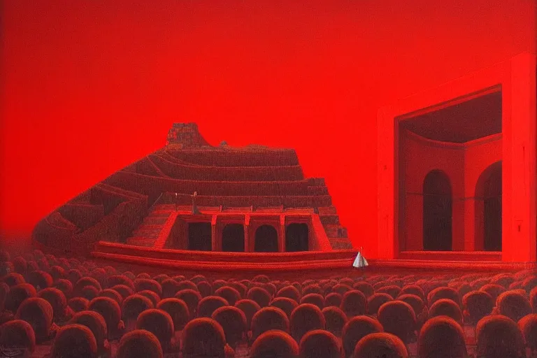 Image similar to only with red, a red melted emperor, taormina amphitheatre, crowd hails him happy, in the style of beksinski, parts by edward hopper, parts by rodcenko, parts by yue minjun, intricate and epic composition, red by caravaggio, insanely quality, highly detailed, masterpiece, red light, artstation, 4 k