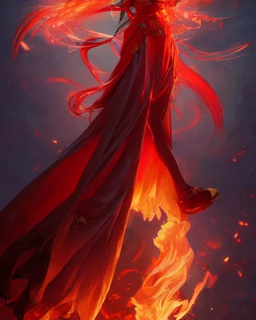 Image similar to red eyed beautiful long haired anime girl, fire dress, full body photo, flames everywhere, highly detailed, digital painting, artstation, concept art, smooth, sharp focus, illustration, art by artgerm and greg rutkowski and alphonse mucha