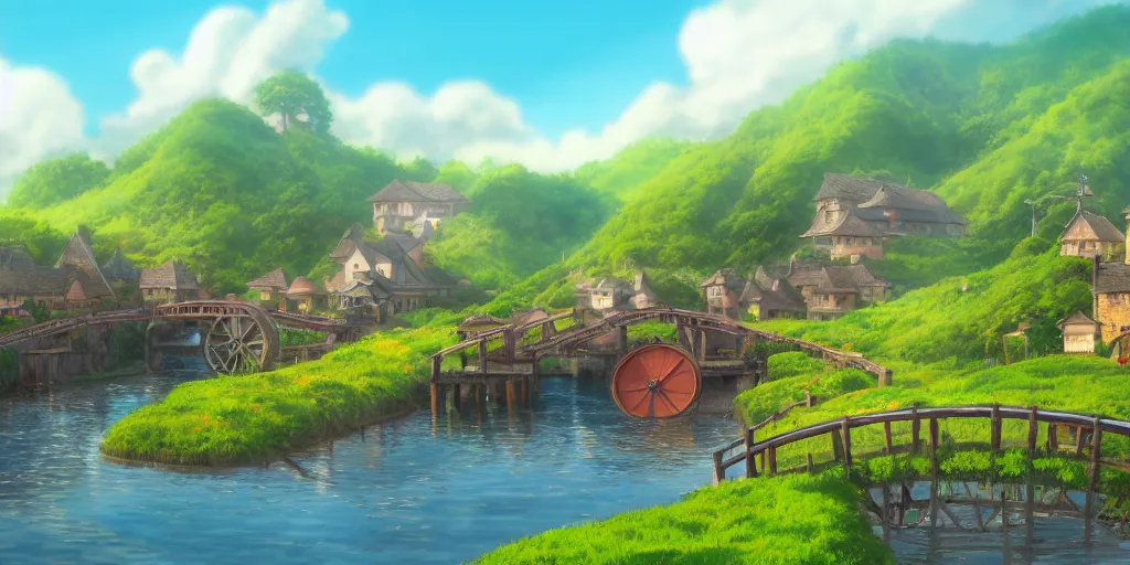 Image similar to background matte painting miyazaki ghibli miyamoto anime pixar dreamworks, full frame, vista english countryside, quaint village waterwheel stream.