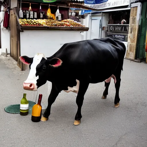 Prompt: a cow steals wine from a market stall. one of the bottles breaks spilling its contents on the street. a guard is going after the cow