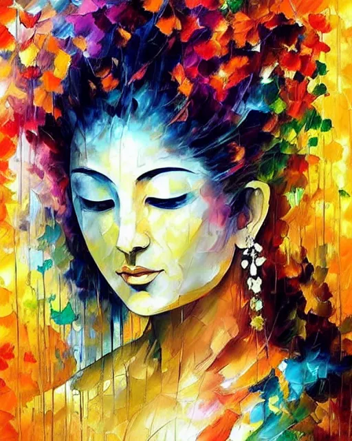 Image similar to strikingly beautiful female bodhisattva, praying meditating, realism, elegant, intricate, portrait photograph!! by Leonid Afremov and Carne Griffiths