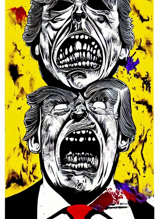Prompt: Donald Trump's disgusting true form on a 1990s horror movie poster, inking, vintage 90s print, detailed, scary, horror, screen print, bright colors, trending on artstation
