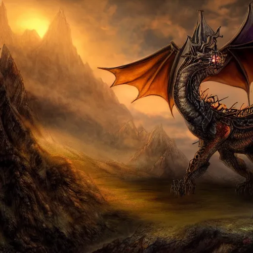 Image similar to steampunk ent dragon from lord of the rings, high detail, realistic, pastel, complex, dark, magical natural mountainous background with setting sun, smoke in sky