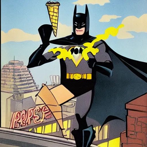 Prompt: batman eating a 3 scoop ice cream cone, Bonestell, Chesley