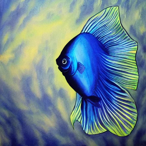 Image similar to dark blue beta fish swimming in a fish tank oil painting