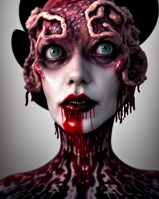 Prompt: face, beautiful biopunk witch with hat made out of flesh, cutely dressed, goth, bloody meat clothes, laboratory, elegance, perfect, masterpiece | | artgerm, octane render, 8 k, hd, very detailed, raytracing