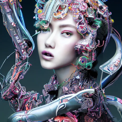 Image similar to the portrait of an absurdly beautiful, graceful, elegant, sophisticated, fashionable cyberpunk gravure idol, an ultrafine hyperdetailed illustration by kim jung gi, irakli nadar, intricate linework, bright colors, porcelain skin, unreal engine 5 highly rendered, fashion photography, global illumination, radiant light, detailed and intricate environment