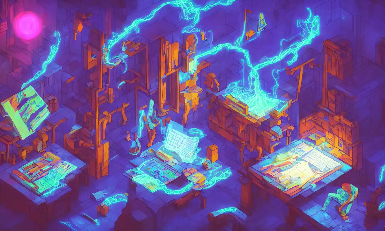 Image similar to workstations, kerberos realm, faked ticket close up, wizard reading a directory, colorful ravine, 3 d art, digital illustration, perfect lighting