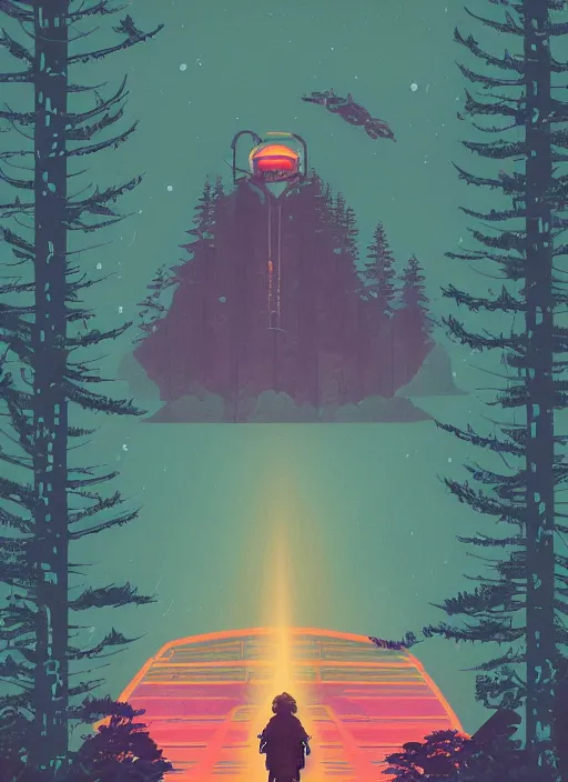 Prompt: an indie game poster of a translucent cyberpunk explorer transcending reality in the middle of a dense forest, midnight, risograph by ghostshrimp, kawase hasui, josan gonzalez, jean giraud, moebius, colourful flat surreal design, in the style of oxenfree, super detailed, a lot of tiny details