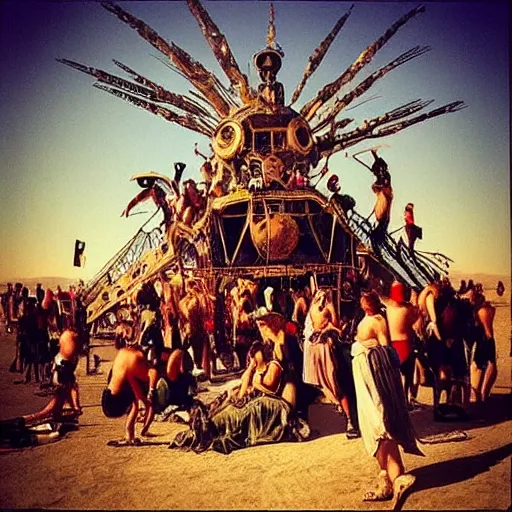 Image similar to “renaissance painting of people at burning man black rock city with steampunk costumes and loud music”