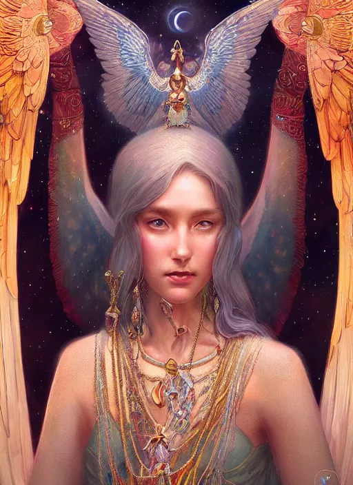 Image similar to A beautiful digital painting of a female Seraphim full of jewels, princess, the moon behind her, intricate, cinematic lighting, highly detailed, digital painting, Artstation, concept art, smooth, sharp focus, illustration, art by Tom Bagshaw, Artgerm and Greg Rutkowski