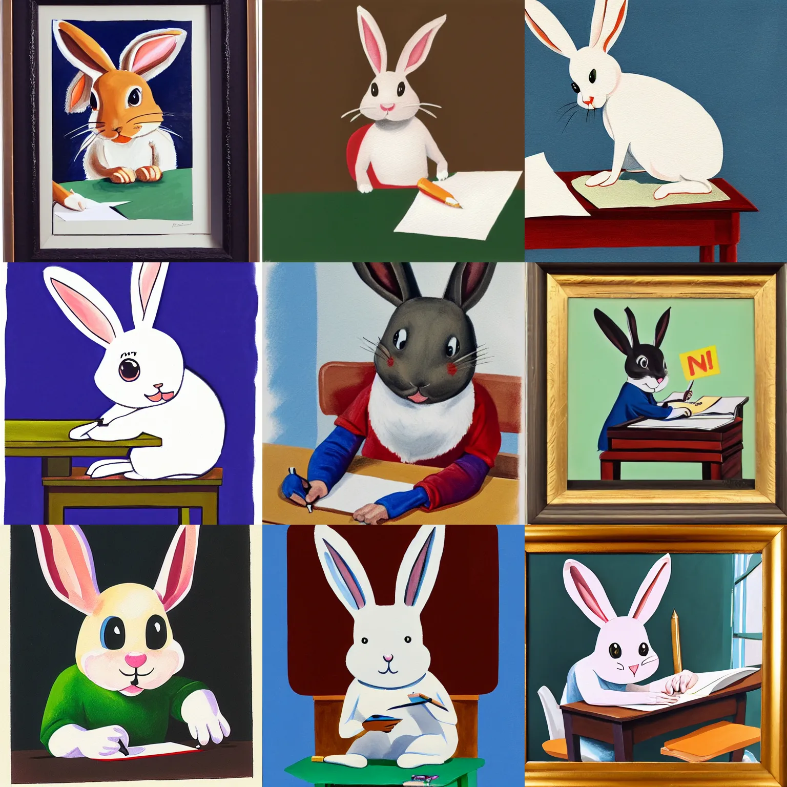 Prompt: a gouache painting of a cute happy cartoon rabbit sitting at a desk writing on a paper, Alex Ross