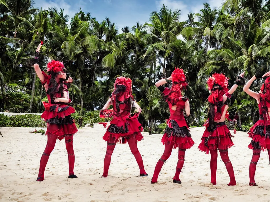 Image similar to babymetal 3 members performing on a tropical beach beautiful, scenery, high detail face, High Definition detail, 8K, photography