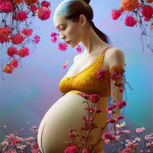 Prompt: pretty pregnant model with flowers : : by martine johanna and simon stalenhag and chie yoshii and casey weldon and wlop : : ornate, dynamic, particulate, rich colors, intricate, elegant, highly detailed, vogue, harper's bazaar art, fashion magazine, smooth, sharp focus, 8 k, octane render