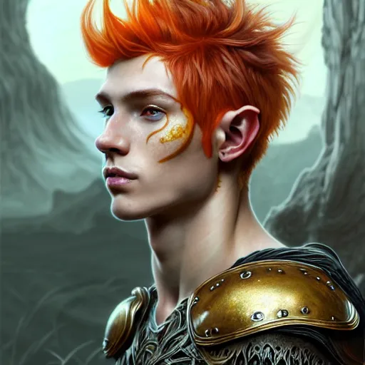 Image similar to portrait painting of an elven male teen with short light orange hair and tribal tattoos on his face wearing fur armor, ultra realistic, concept art, intricate details, eerie, highly detailed, photorealistic, octane render, 8 k, unreal engine. art by artgerm and charlie bowater and magali villeneuve and alphonse mucha