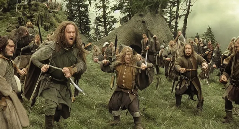 Prompt: screenshot from the fellowship of the ring when swat team raided a hobbit hole