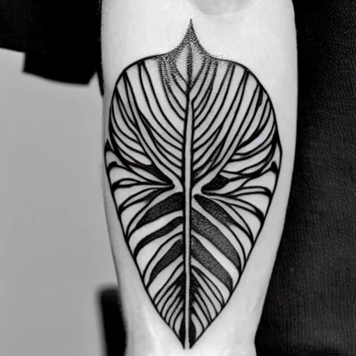 Prompt: a thin detailed black line drawn tattoo of a monstera deliciosa leaf, intricate details, ornamental, elegant, symmetrical!! symmetrical - tatoo!!