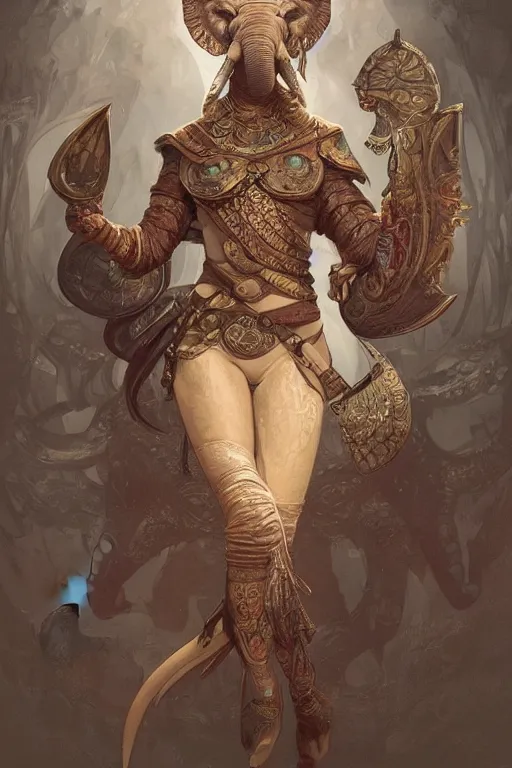 Prompt: a anthropomorphic elephant warrior, D&D, fantasy, intricate, highly detailed, digital painting, artstation, concept art, smooth, sharp focus, illustration, art by artgerm and greg rutkowski and alphonse mucha