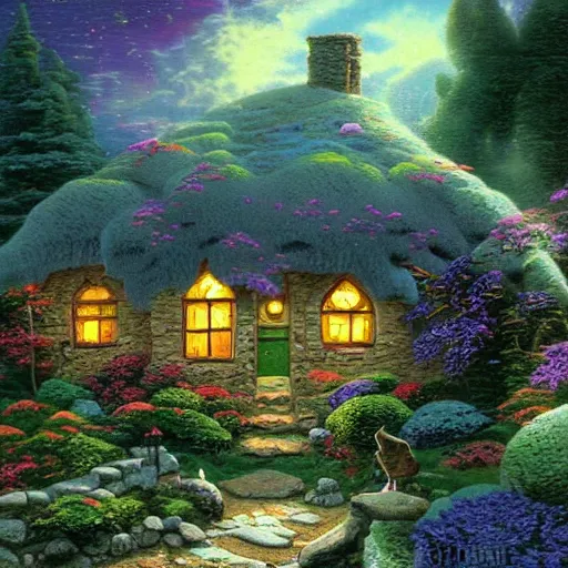 Prompt: stone cottage on an alien planet illustrated by thomas kinkade