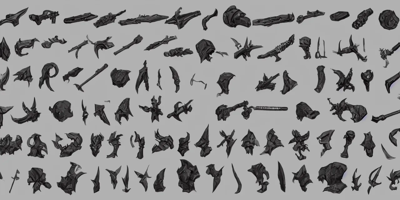 Prompt: game asset sheet, 2 d sprite, weapons material study, bold dark outlines crisp silhouette