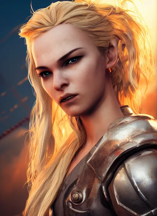 Image similar to An epic fantasy comic book style portrait painting of tall blonde haired female sky-pirate with a serious face and a pony tail in front of a metal gangplank, unreal 5, DAZ, hyperrealistic, octane render, cosplay, RPG portrait, dynamic lighting