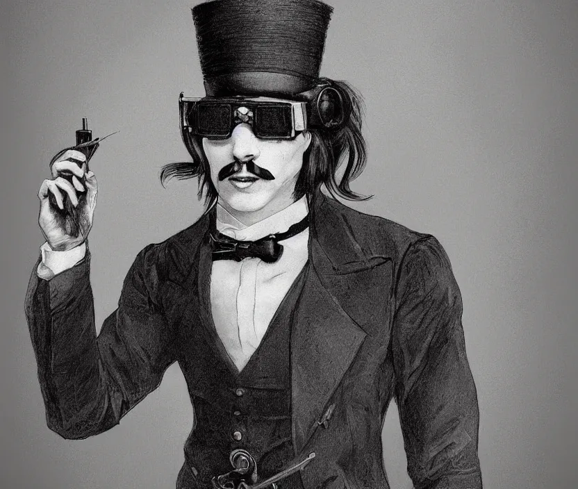 Image similar to The head and upper body of a man with dark medium length longish hair and a middle part, while wearing a top hat and goggles, steampunk, very nostalgic, very melancholic, dramatic angle, rotoscoped, rotoscope, photoshop, photomanipulation, realism, painting, illustration and sketch, weird scribbles, hybrid styles, hybrid art styles, mismatched, trending on artstation, trending on deviantart, weird, quirky, interesting, very detailed, highly detailed, HD Quality, 4k resolution, 8k resolution, in the style of David Firth, in the style of James Lee, in the style of Drue Langlois,