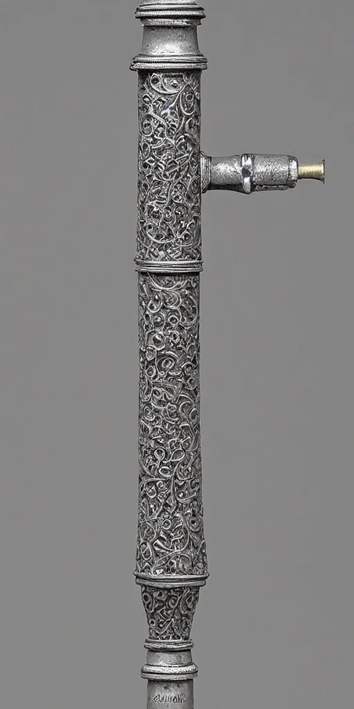 Image similar to a gravity hammer made out of damascene and ornate silver filigree