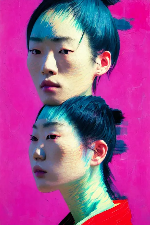 Prompt: portrait of a stylized japanese young in love, painted in acrylic, pigment textures, in the colors hot pink and cyan, beautiful realistic face, rule of thirds, spotlight, by greg rutkowski, by jeremy mann, by francoise nielly, by van gogh, by ross tran, in focus