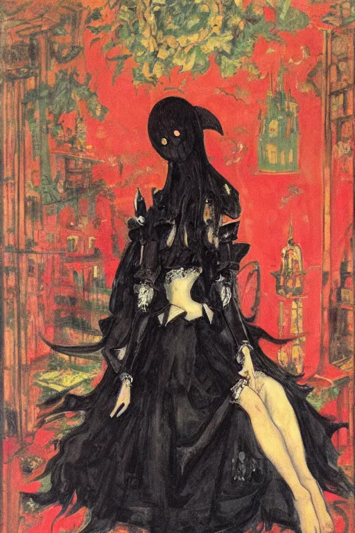 Image similar to A very soft and dark haunting oil painting of Hatsune Miku in a black ornate wedding dress, scarlet background, by Oskar Kokoschka, ethereal, evil presence, haunted painting