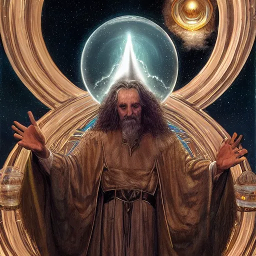 Prompt: majestic Saruman the wise white shimmer wizard gazing at dark Palantir crystal ball by Mark Brooks, Donato Giancola, Victor Nizovtsev, Scarlett Hooft, Graafland, Chris Moore